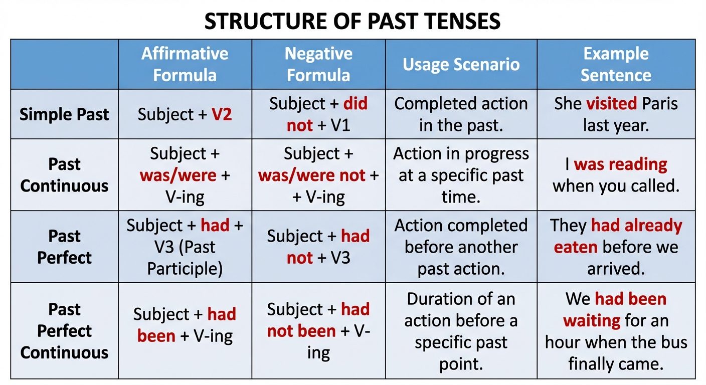 A comparative matrix chart showing the structure of Past Tenses. The chart should be a 4x4 grid. Row...