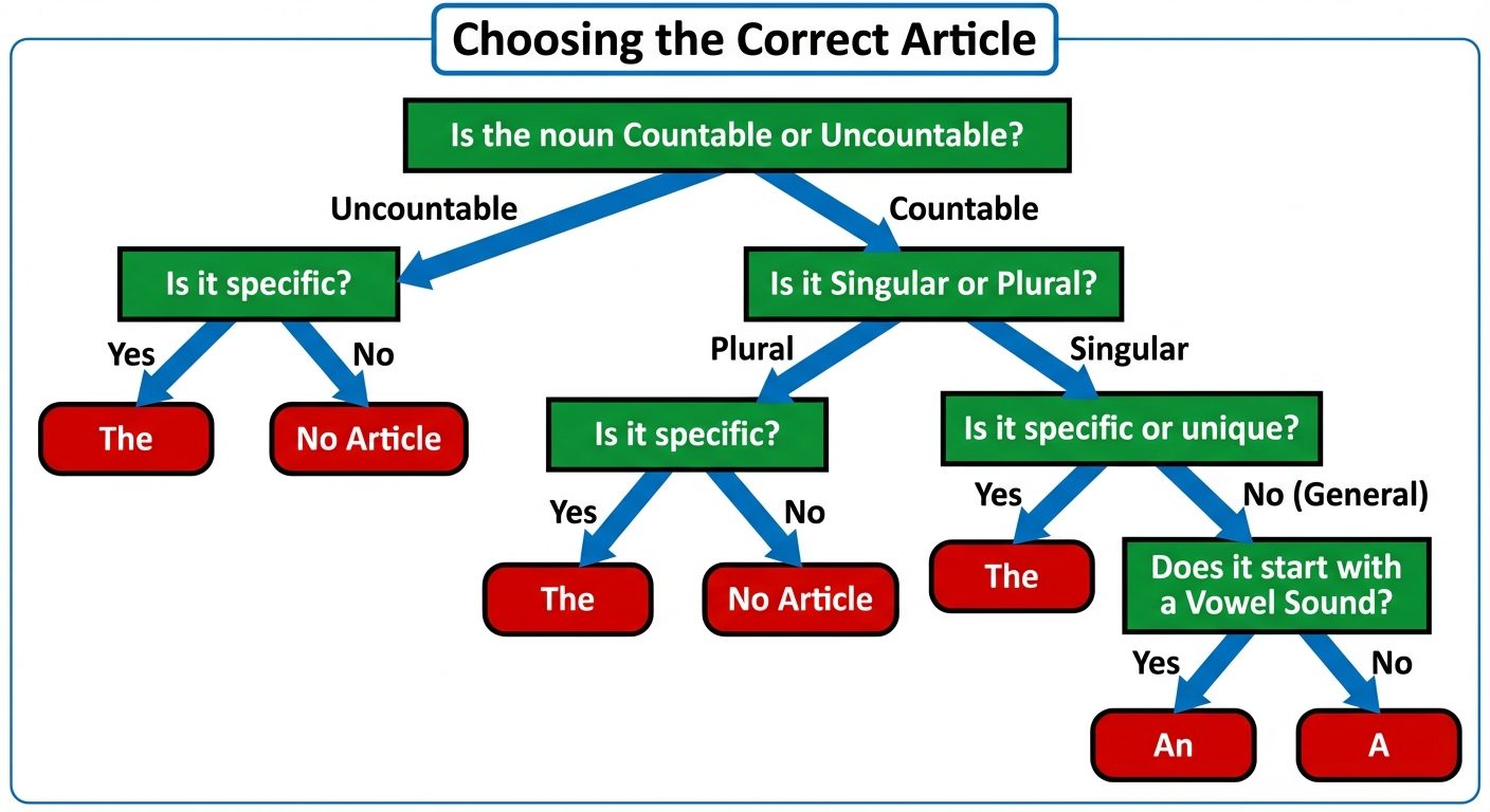 A comprehensive decision tree flowchart titled "Choosing the Correct Article". The top box asks "Is ...
