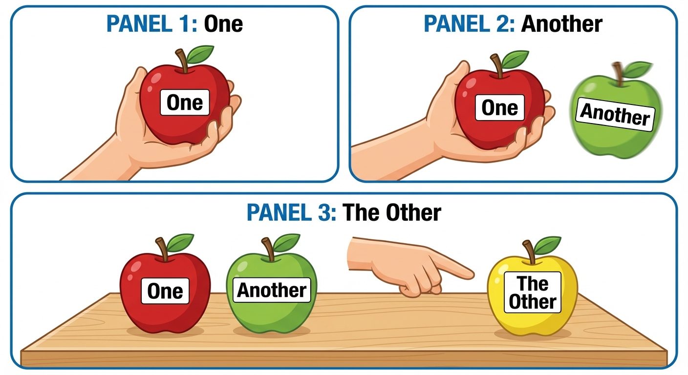 A sequence of three panels illustrating "One, Another, The Other". Panel 1: A hand holding a red app...