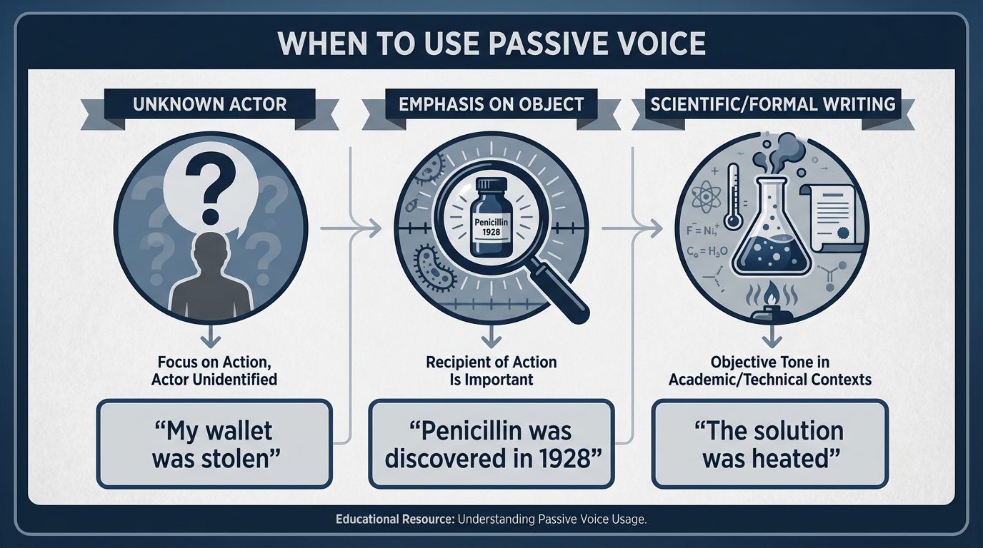 An infographic illustration listing "When to Use Passive Voice" with three distinct icons/sections. ...