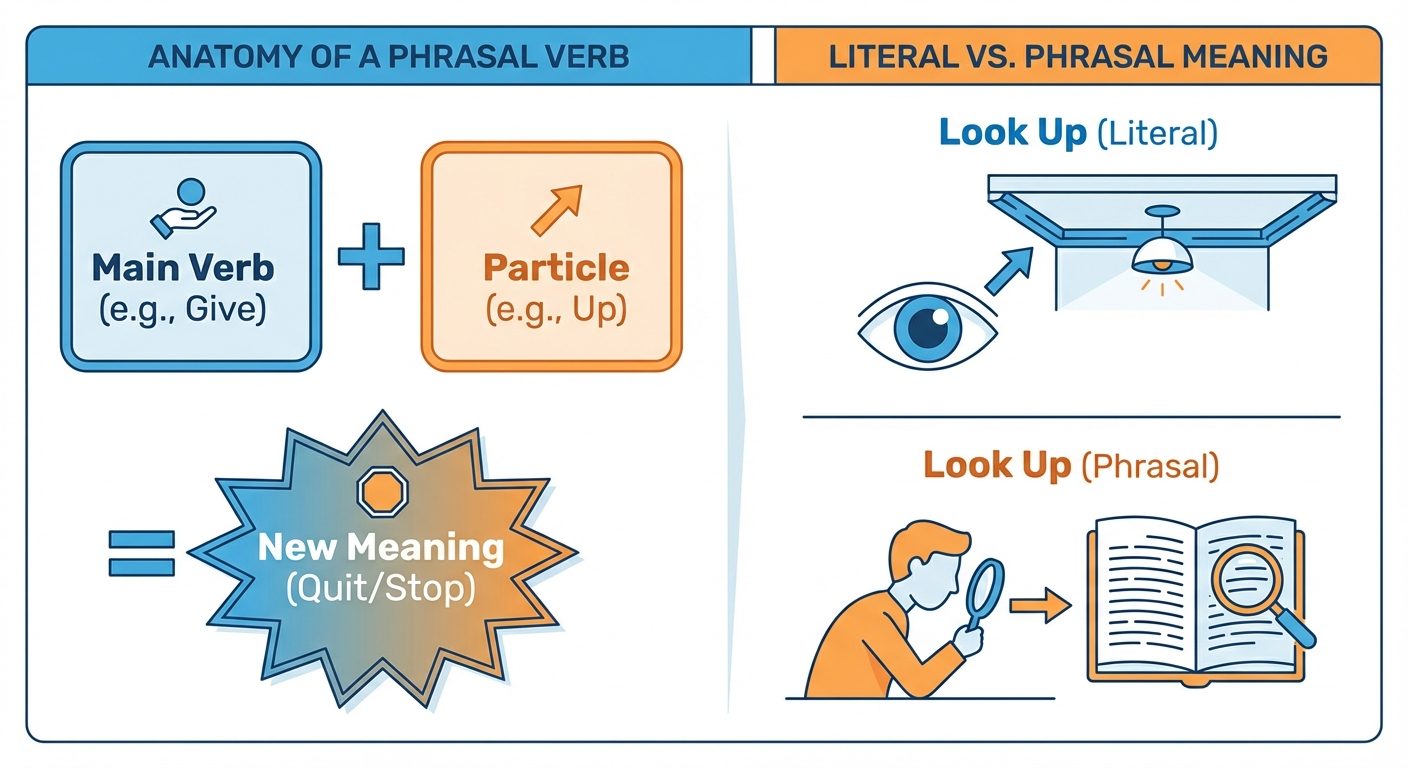 A conceptual diagram illustrating the anatomy of a phrasal verb. The visual should be split into two...