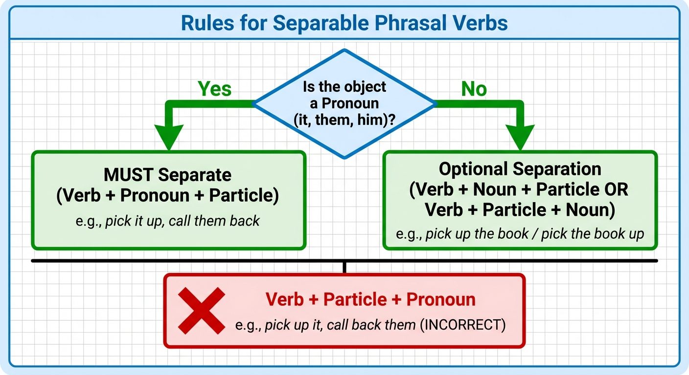 A flowchart diagram titled "Rules for Separable Phrasal Verbs". Start with a diamond shape asking "I...