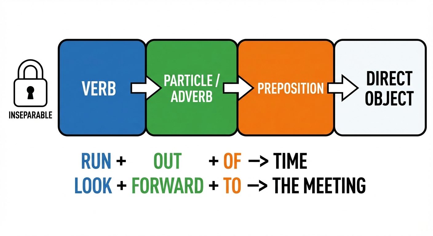 A structural block diagram illustrating "Three-Part Phrasal Verbs". Three horizontal connecting bloc...