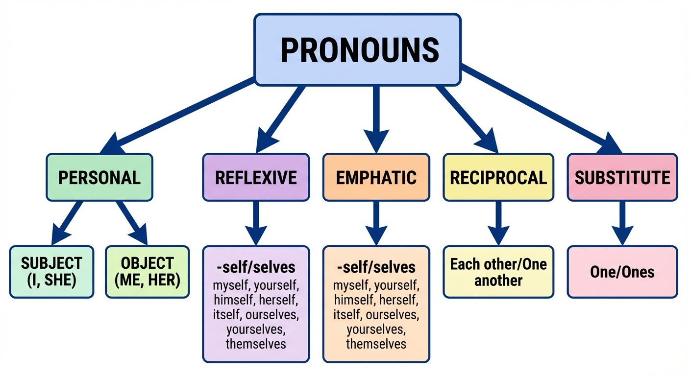 A hierarchical tree diagram classifying "Types of Pronouns". The central node "Pronouns" splits into...