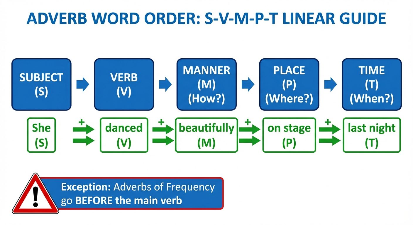 A linear visual guide demonstrating "Adverb Word Order" using the mnemonic "S-V-M-P-T". A horizontal...