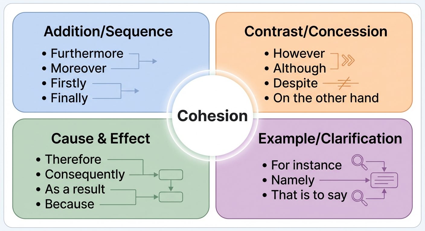 A four-quadrant matrix diagram categorized by "Function of Linking Words".
Quadrant 1 (Top Left) Lab...