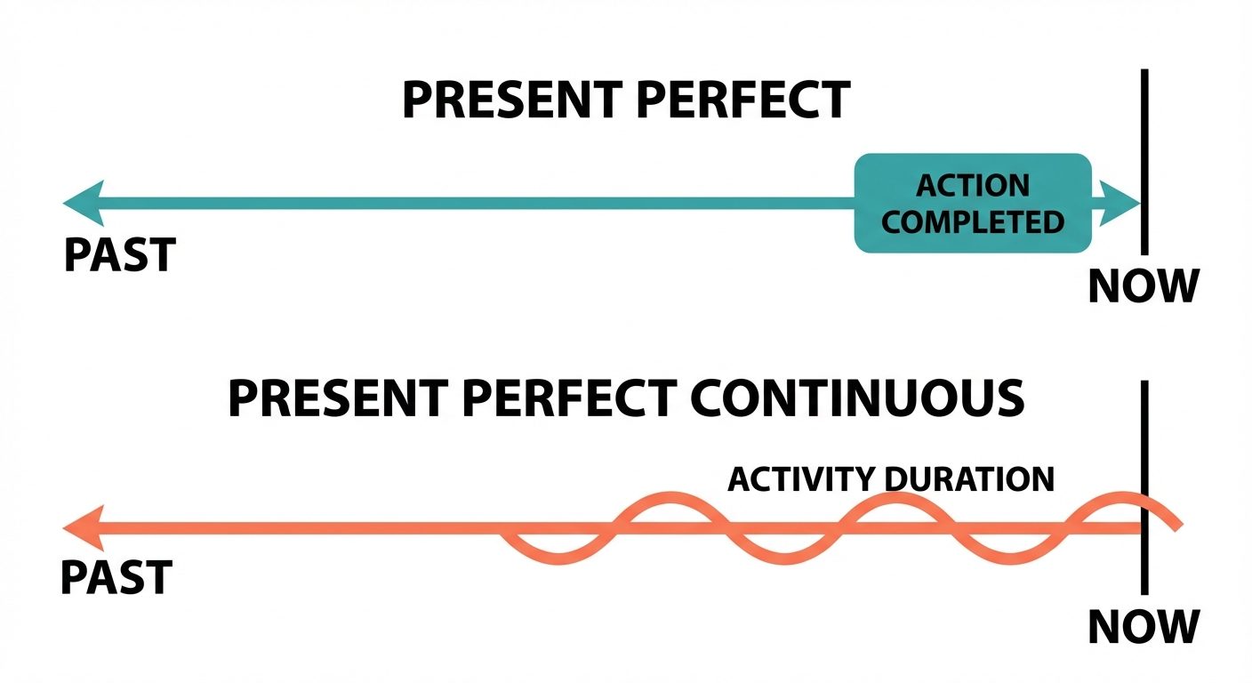 A comparative timeline visualization showing the difference between Present Perfect and Present Perf...