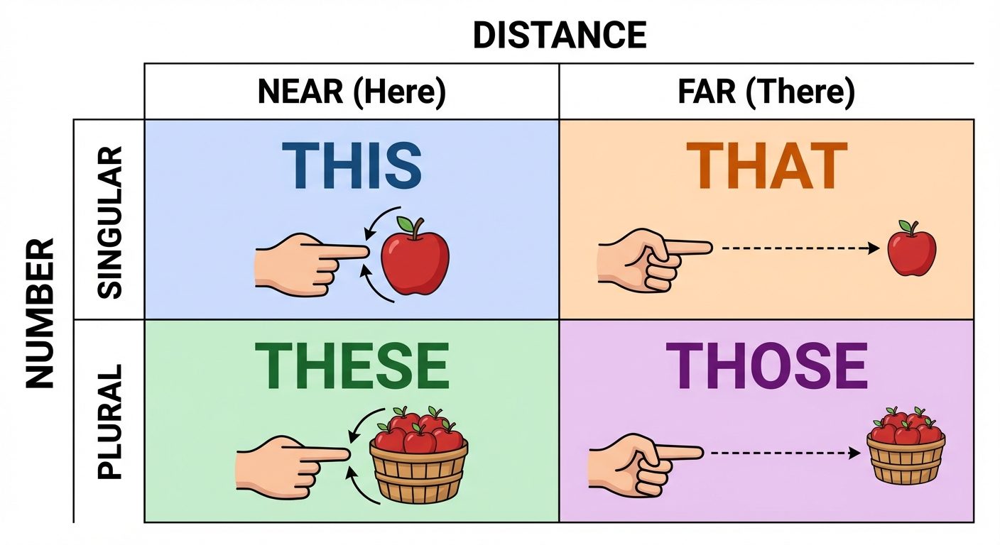 A 2x2 matrix diagram explaining Demonstrative Determiners.
The horizontal axis is labeled "Distance"...