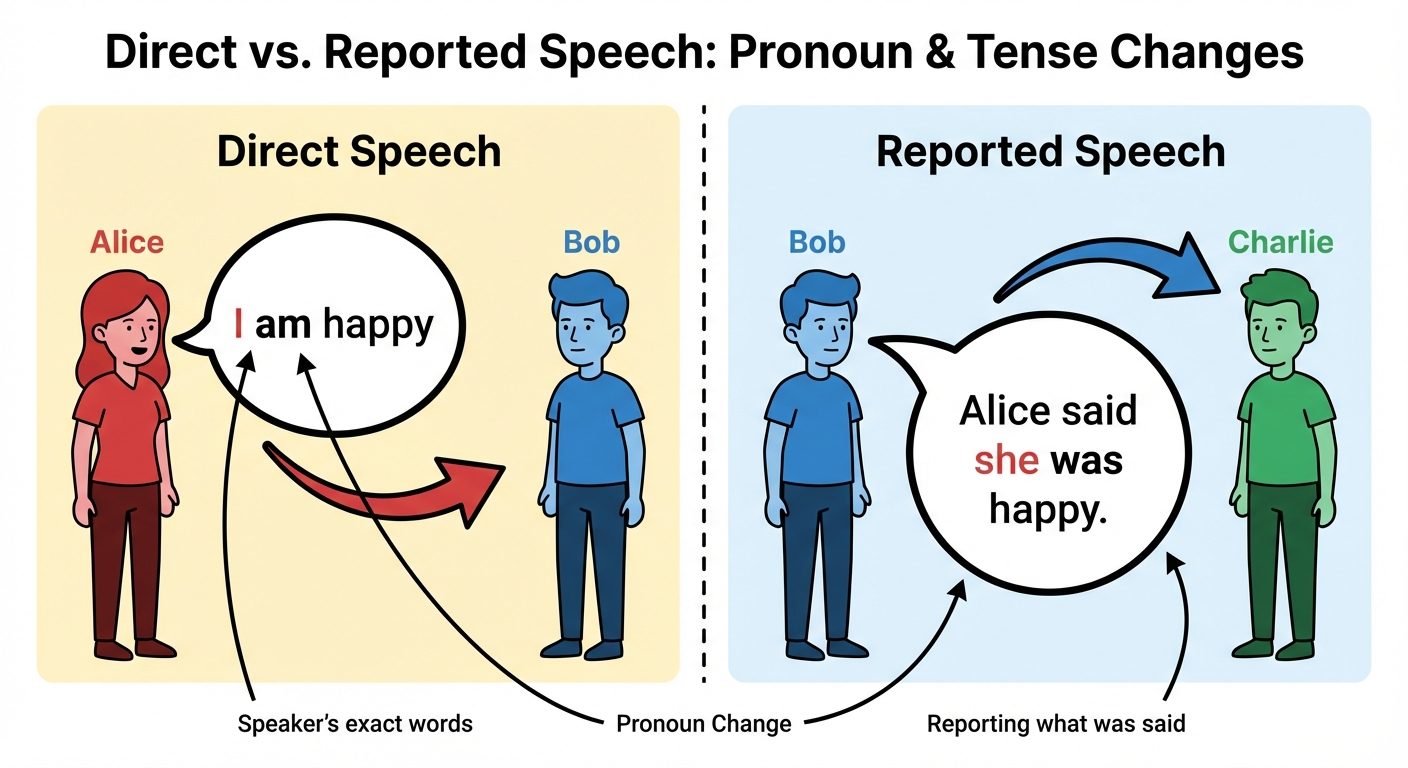 A split-panel educational illustration comparing Direct and Reported speech. The left panel is label...