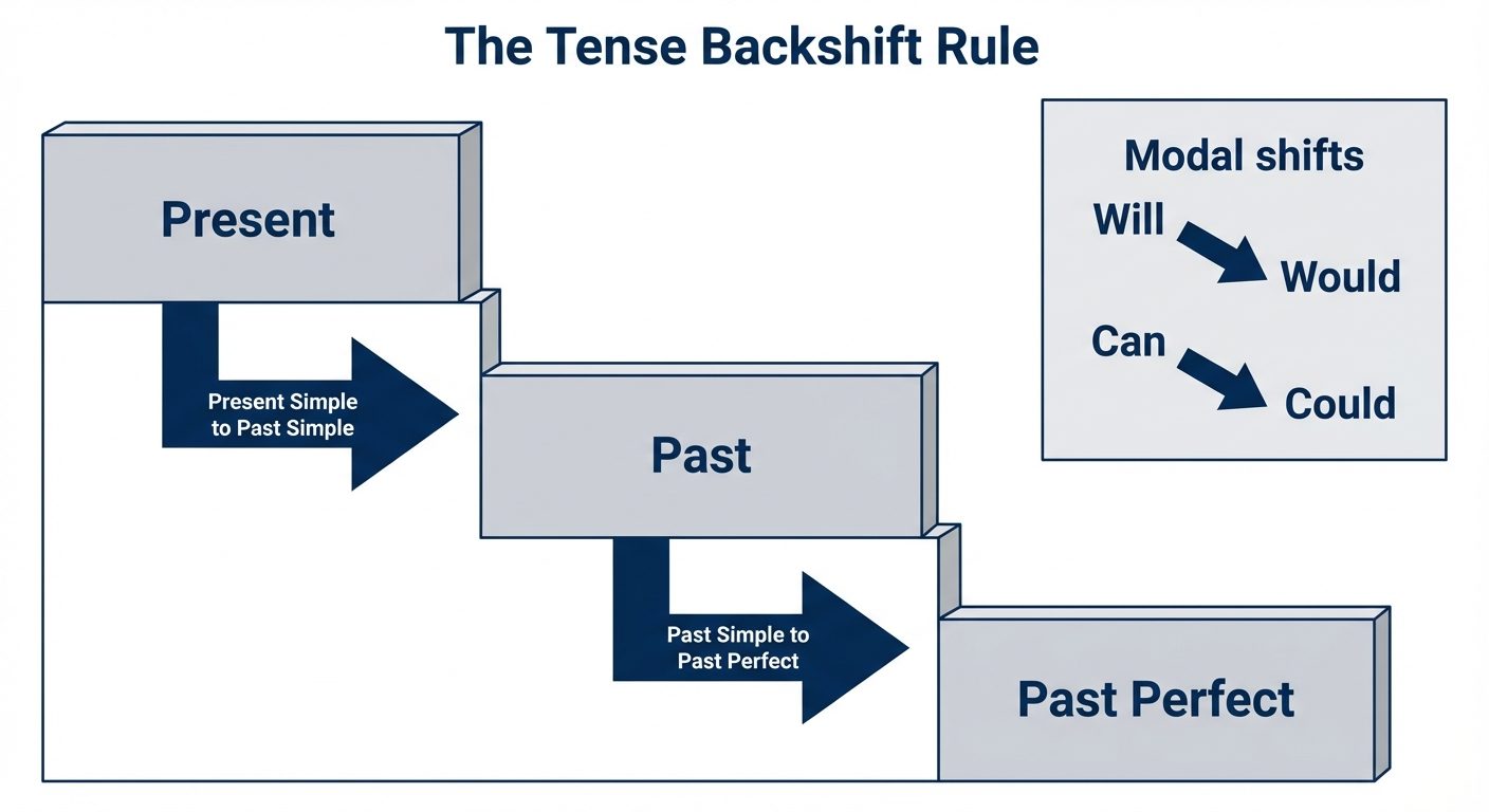 A step-chart visualization titled "The Tense Backshift Rule." The diagram shows a staircase descendi...
