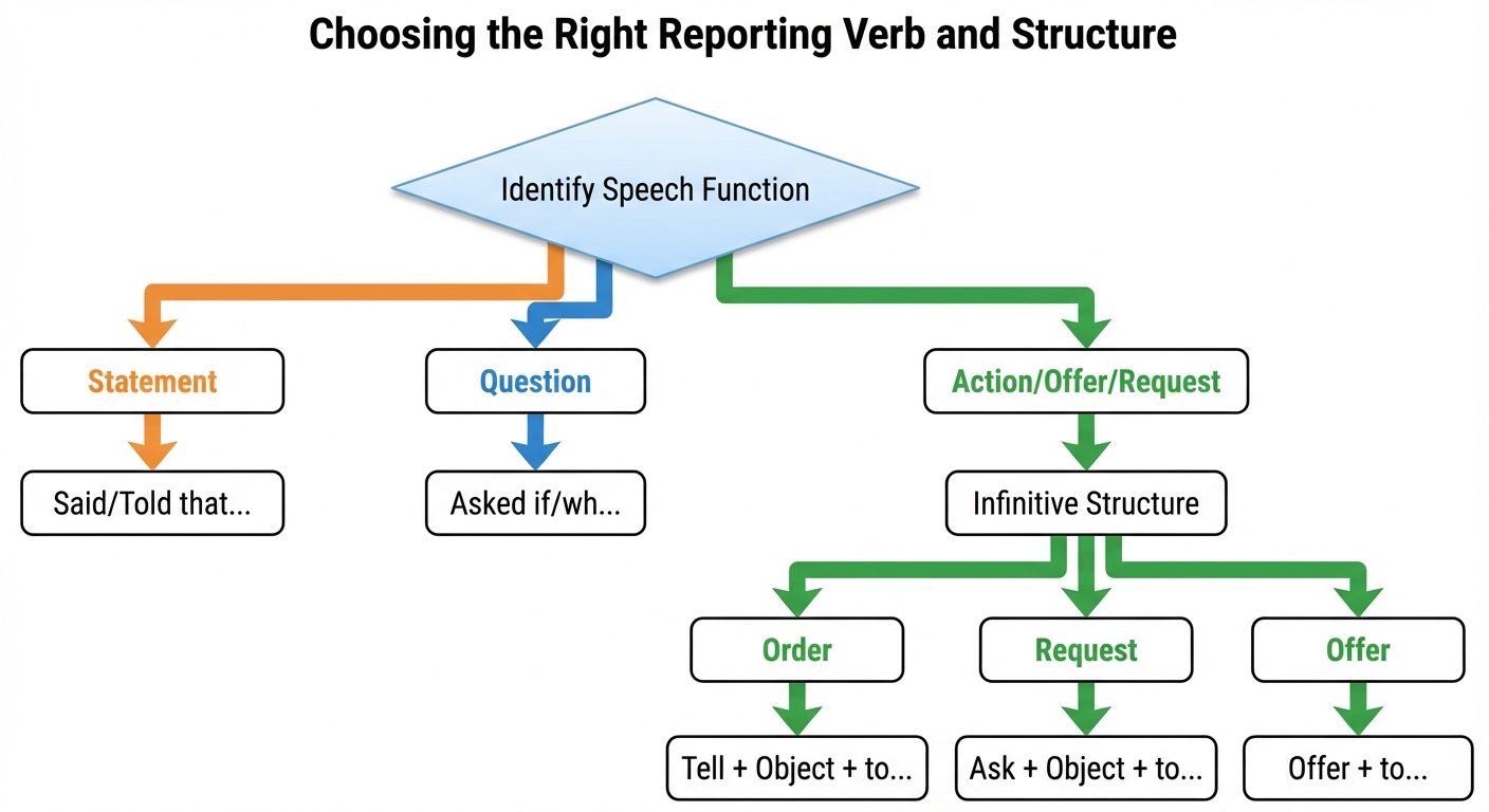 A flowchart diagram titled "Choosing the Right Reporting Verb and Structure." The chart starts with ...