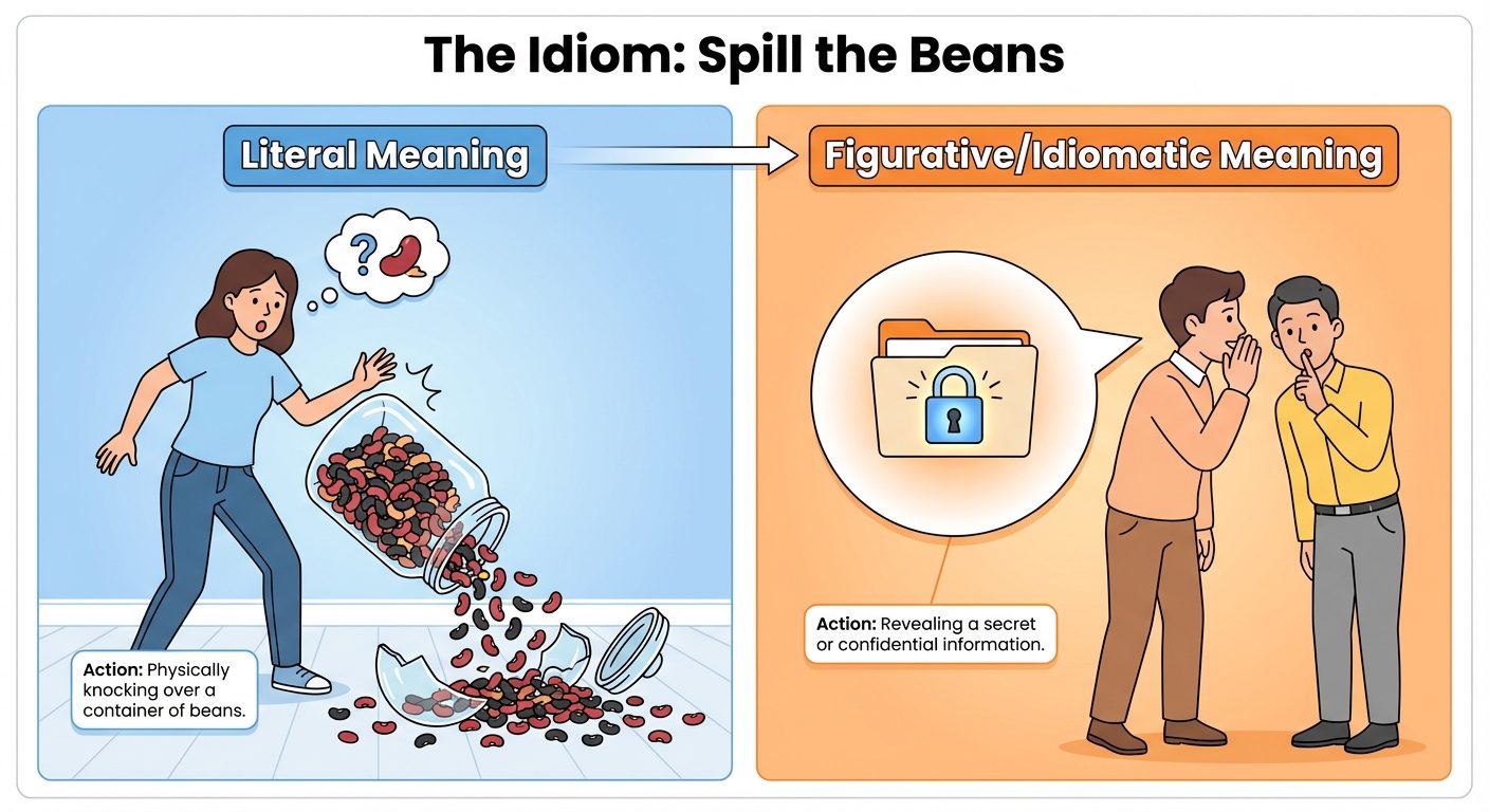 A conceptual split-screen illustration showing the difference between Literal and Figurative meaning...