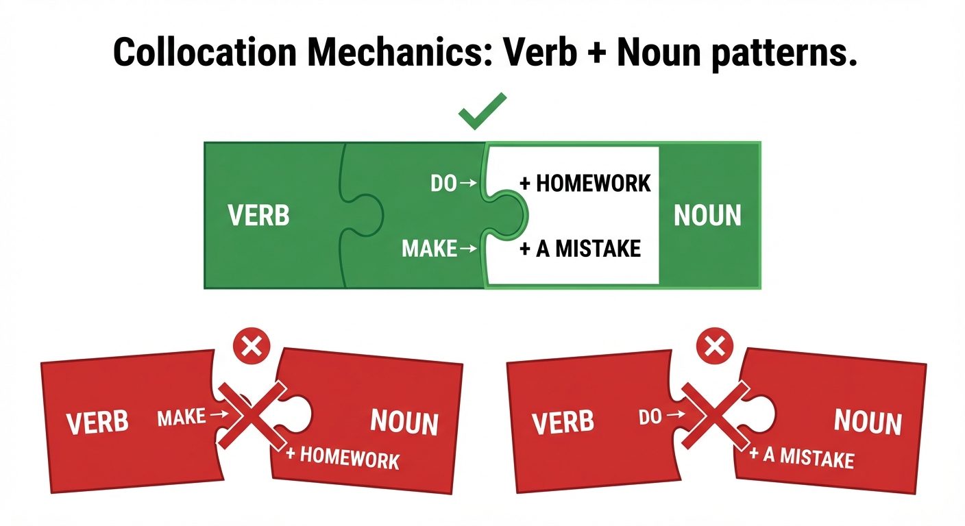 A visual puzzle piece diagram illustrating "Collocation Matching." Show two large puzzle pieces conn...