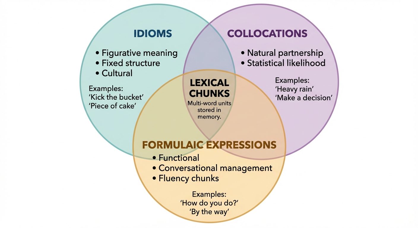 A detailed Venn Diagram composed of three overlapping circles.
Circle 1 (Top Left) Label: "IDIOMS". ...