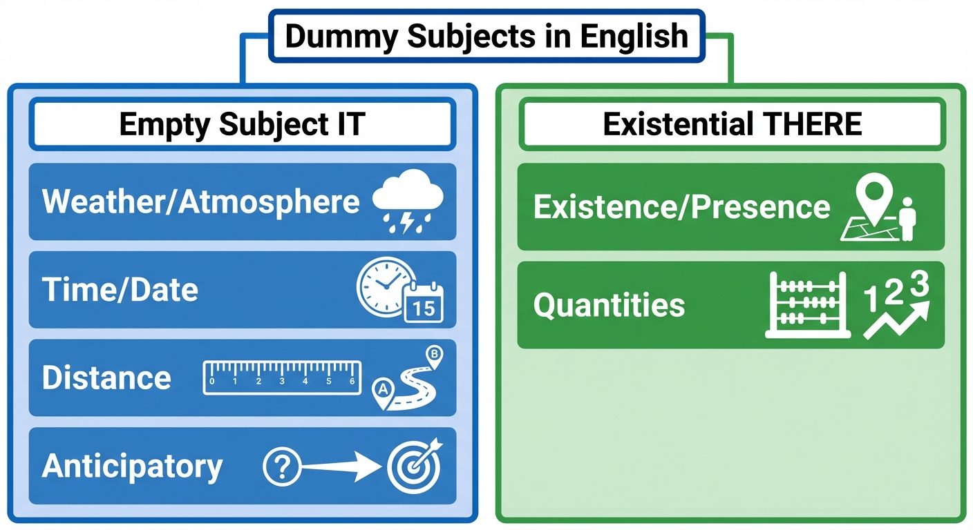A comparative block diagram illustrating the usage of Empty Subjects 'It' vs. 'There'. The diagram s...