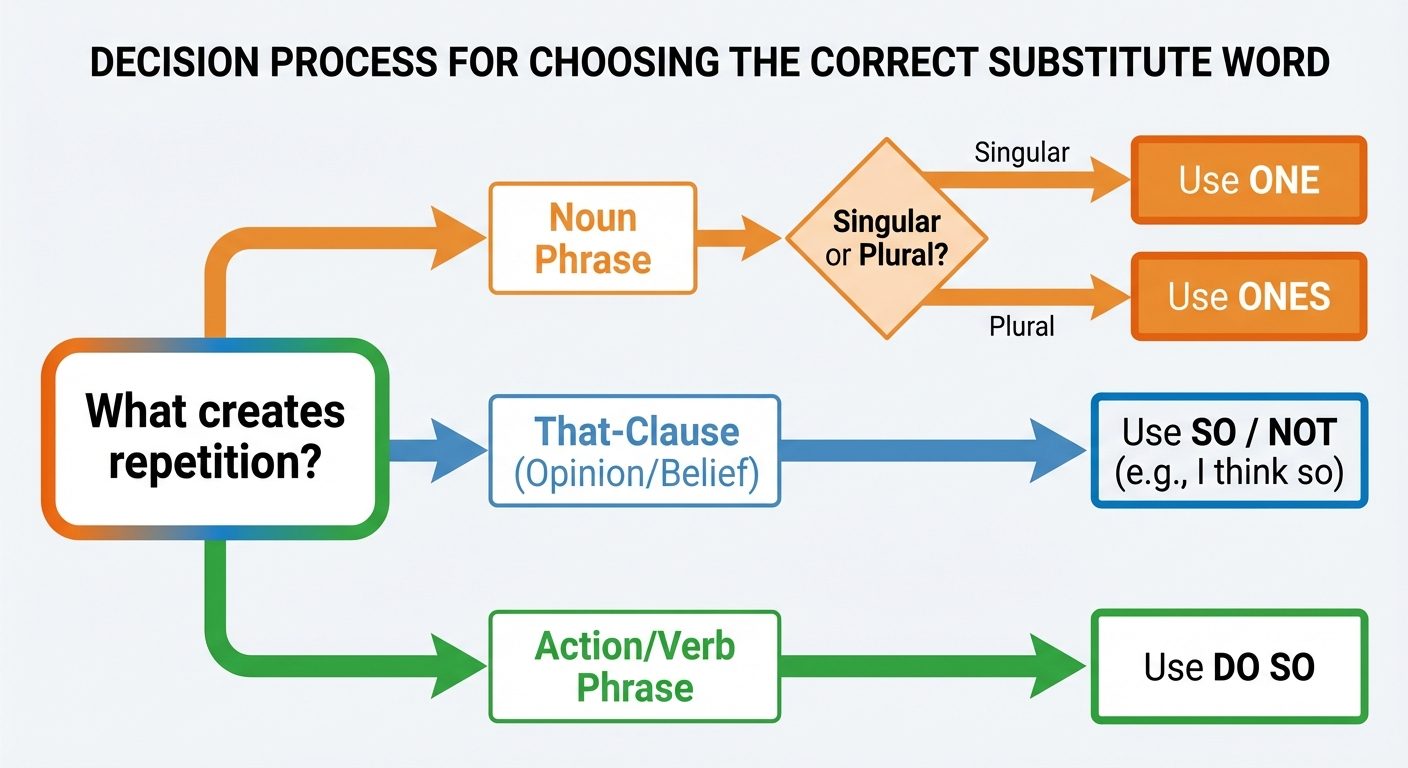 A flowchart diagram showing the decision process for choosing the correct substitute word. Start nod...