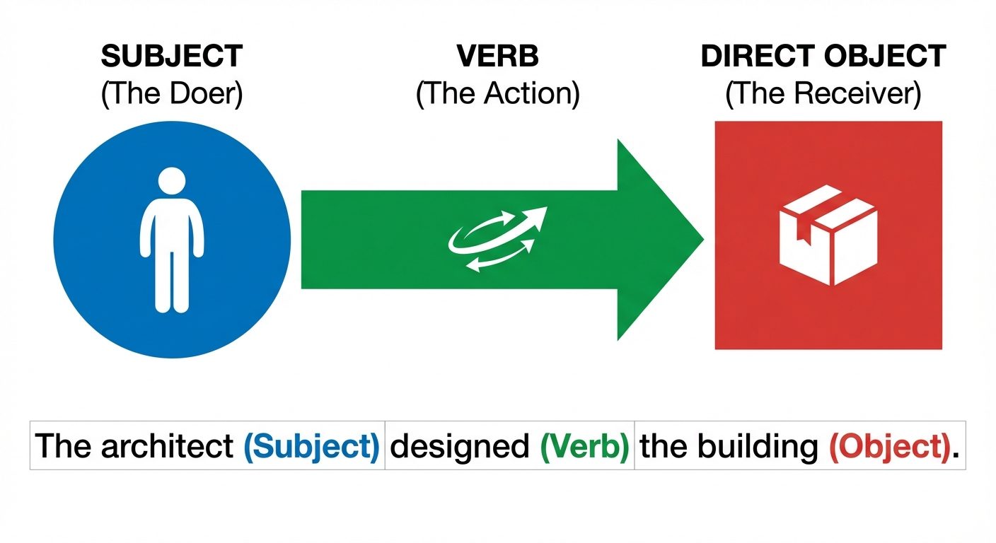 A conceptual diagram illustrating the basic 'Subject-Verb-Object' syntax. On the left, a blue circle...