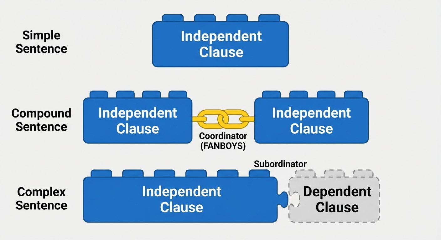 A comparative block diagram showing the architecture of Simple, Compound, and Complex sentences. Top...