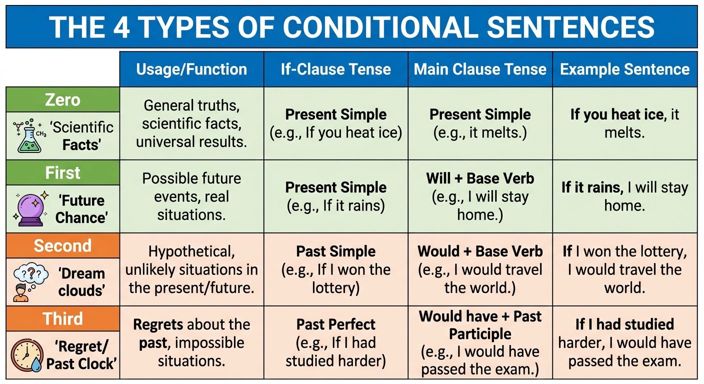 A comprehensive matrix chart titled "The 4 Types of Conditional Sentences". The chart has four rows ...