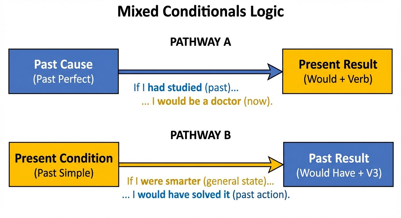 A detailed flowchart diagram illustrating "Mixed Conditionals Logic". The diagram is split into two ...