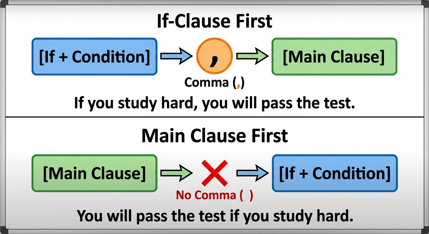 A split-screen grammatical diagram showing "Conditional Sentence Punctuation Rules". Top half shows ...