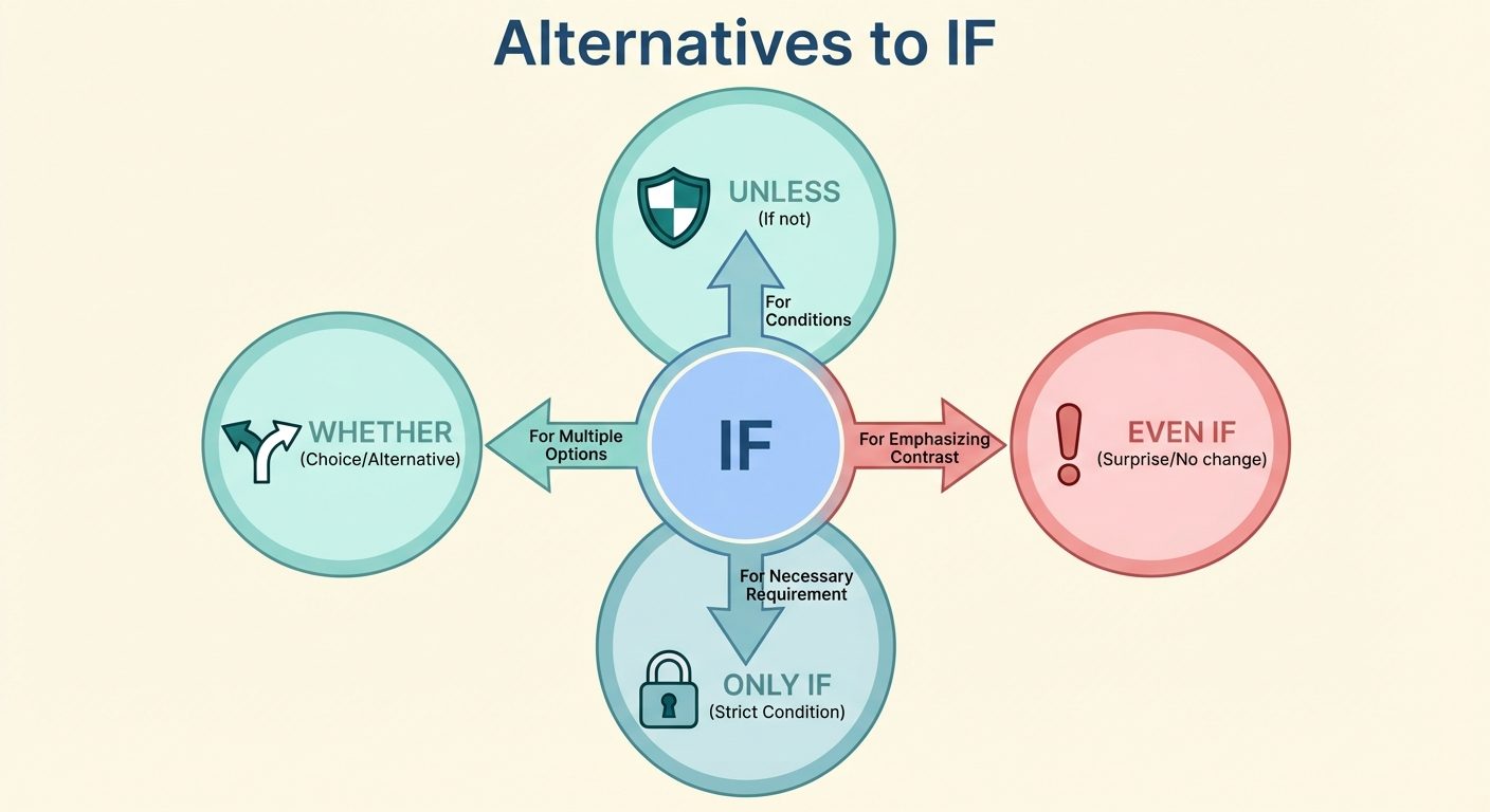 A circular infographic titled "Alternatives to IF". Central circle says "IF", connected to outer cir...