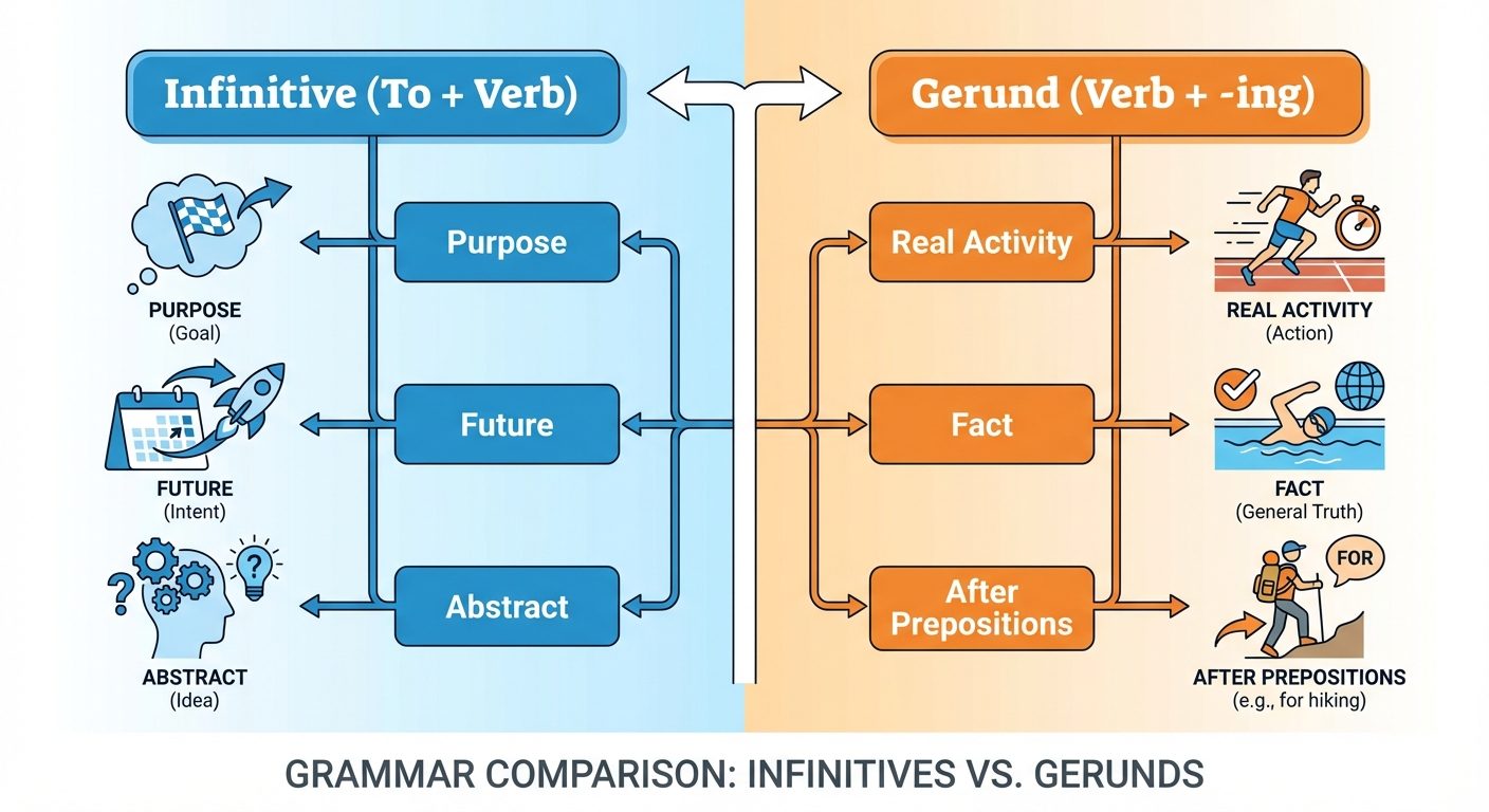 A comparative infographic split down the middle. On the left side, labeled "Infinitive (To + Verb)",...