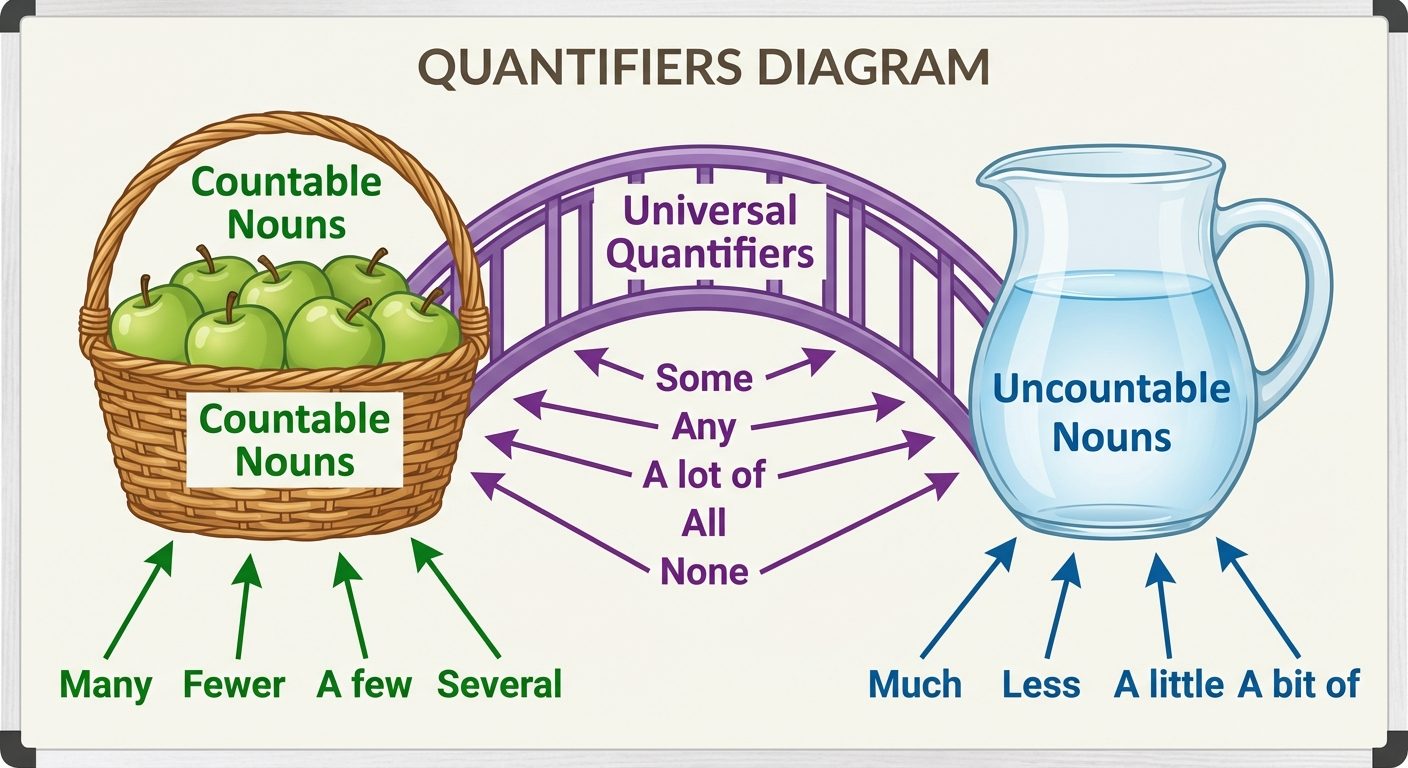 A visual sorting diagram for Quantifiers. On the left, a basket filled with distinct apples labeled ...