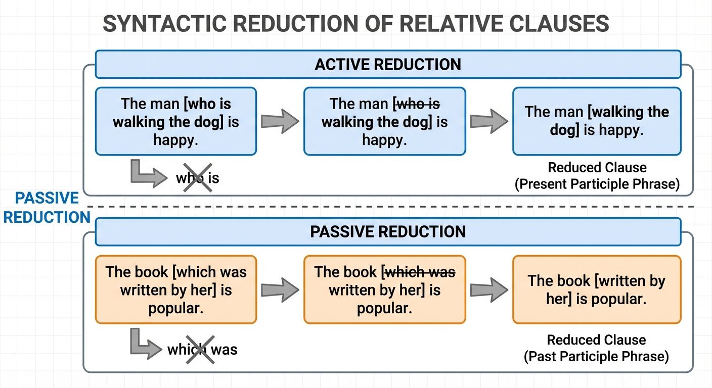 A step-by-step transformation diagram illustrating the syntactic reduction of relative clauses. Divi...