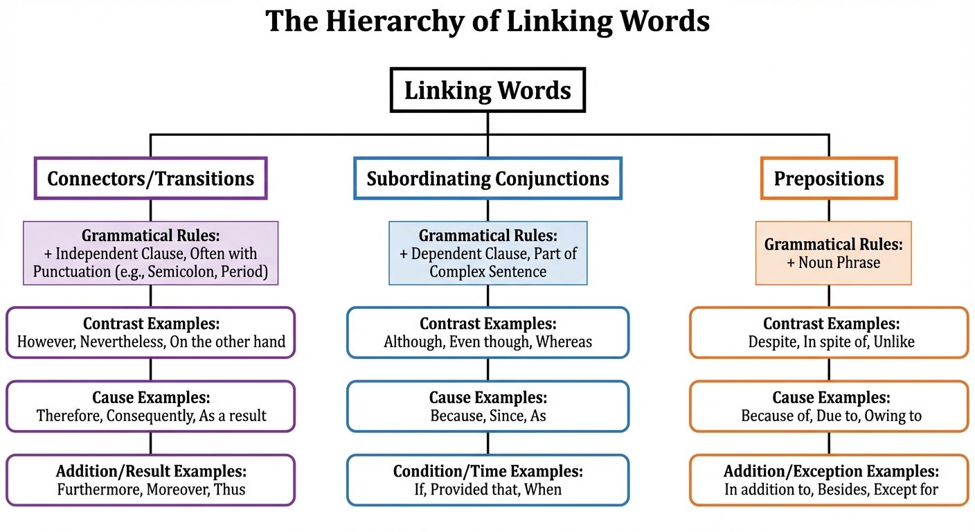 A detailed classification tree diagram titled "The Hierarchy of Linking Words". The top node is "Lin...