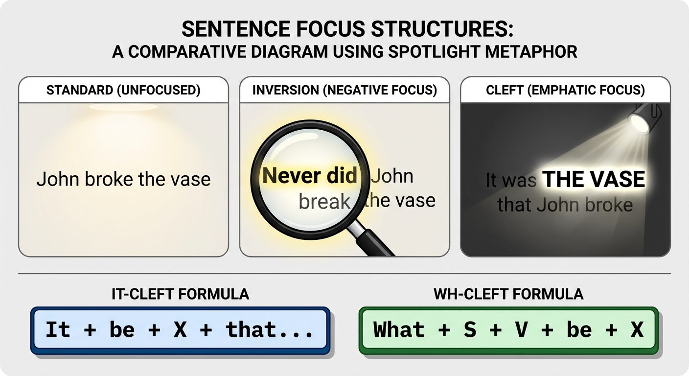A comparative diagram illustrating "Sentence Focus Structures" using a spotlight visual metaphor. Th...