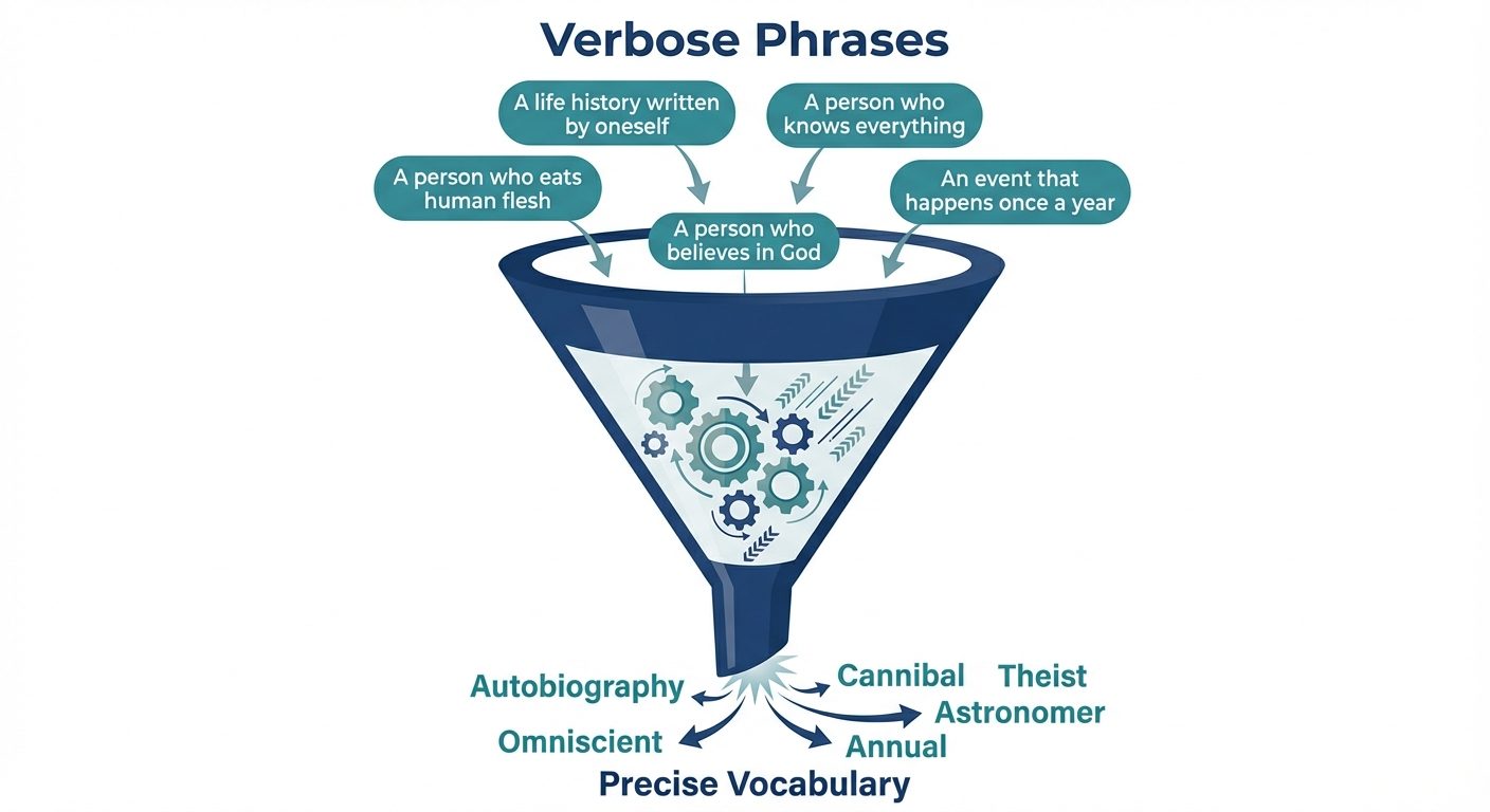 A conceptual funnel diagram illustrating the process of One Word Substitution. At the top wide openi...
