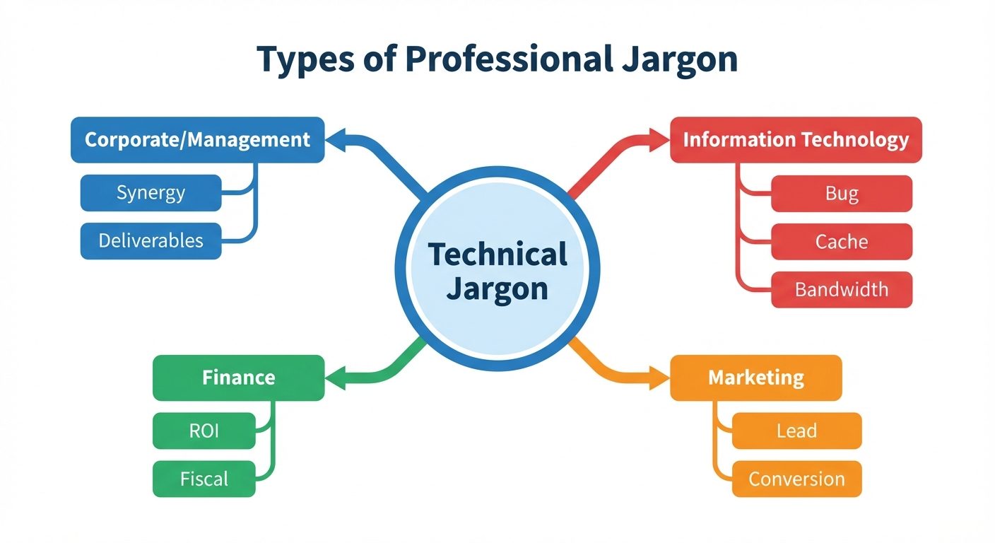 A central hub-and-spoke diagram visualizing "Types of Professional Jargon." The central circle is la...