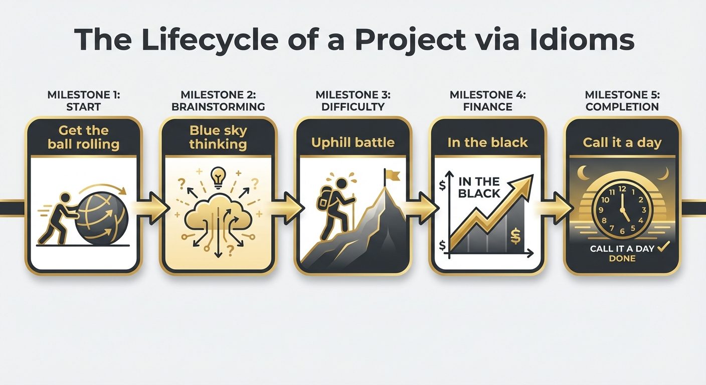 A horizontal timeline or process flow chart titled "The Lifecycle of a Project via Idioms." The char...