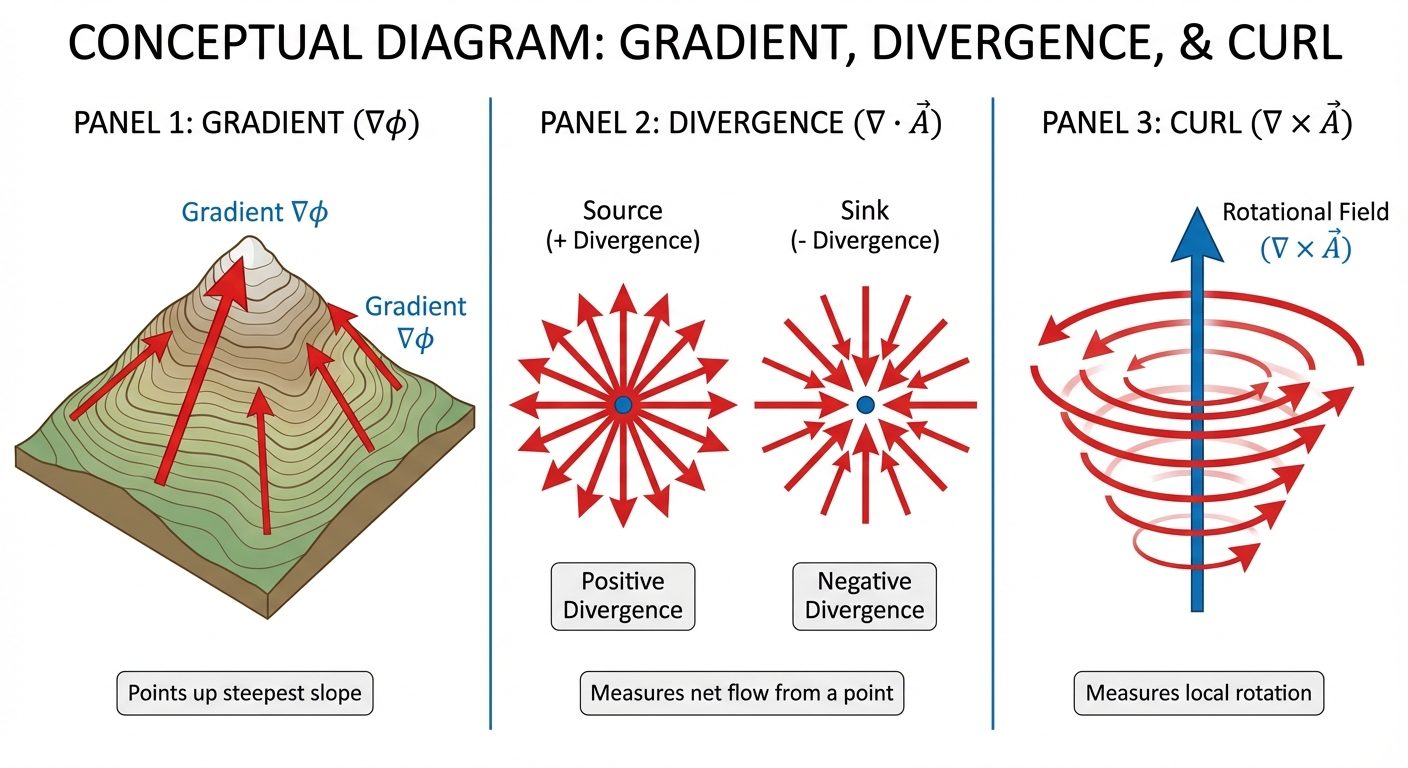 A comprehensive conceptual diagram divided into three panels demonstrating Gradient, Divergence, and...