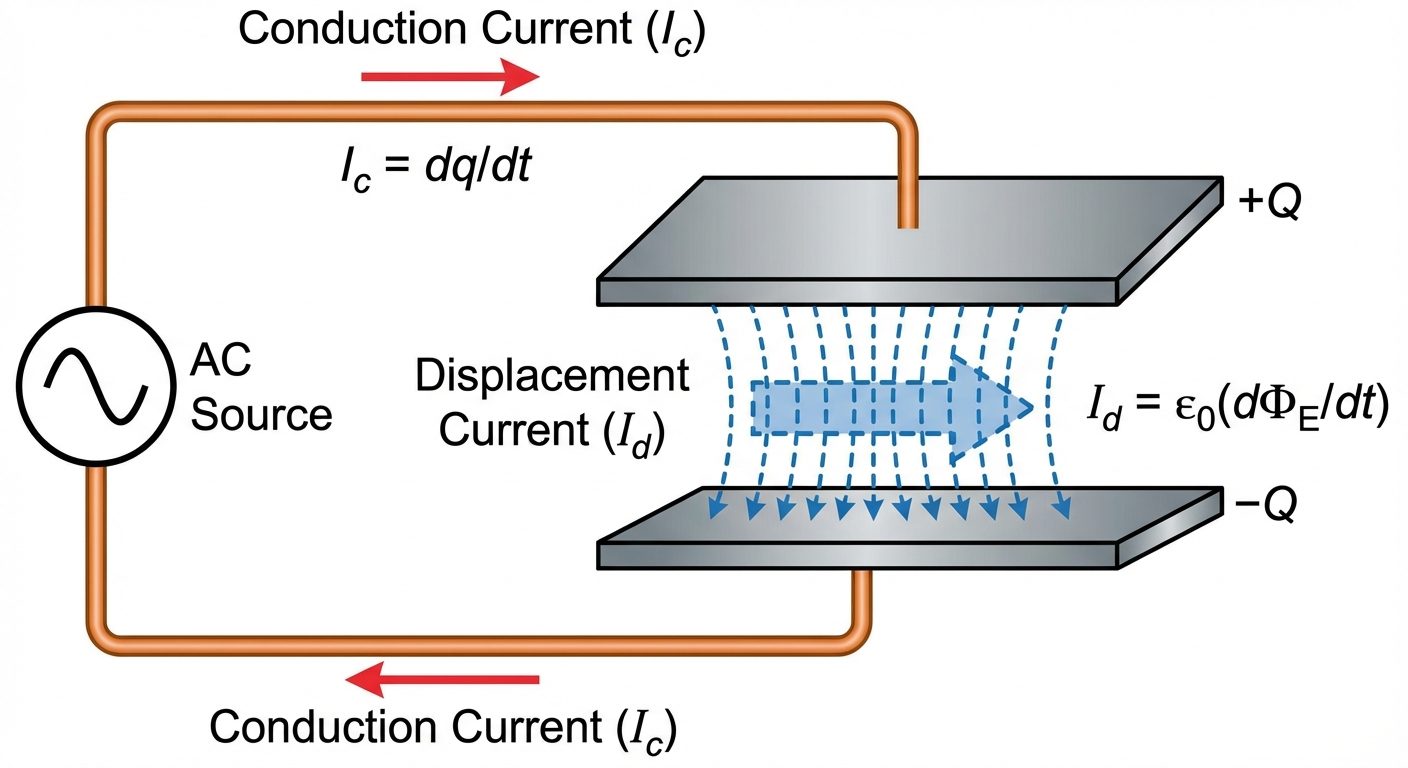 A detailed circuit diagram showing a parallel plate capacitor connected to an AC voltage source. The...
