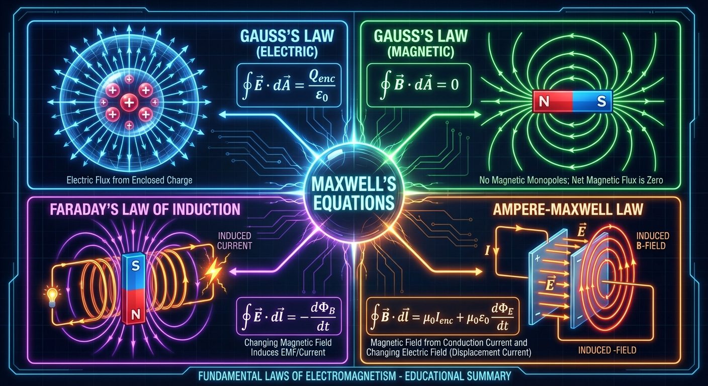 A conceptual 4-quadrant infographic summarizing Maxwell's Equations. Quadrant 1 (Gauss Electric): A ...
