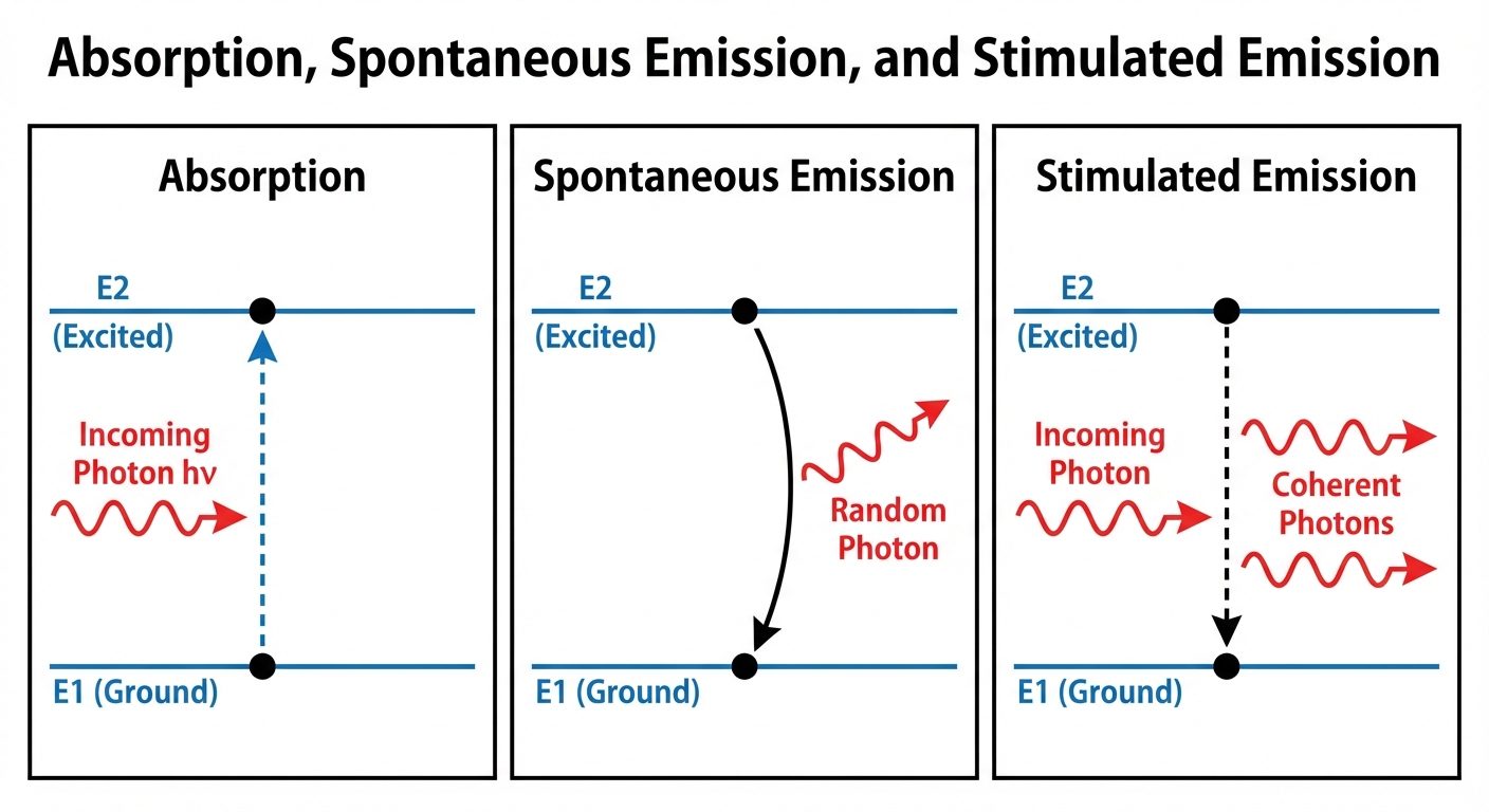 A detailed three-panel diagram comparing Absorption, Spontaneous Emission, and Stimulated Emission. ...