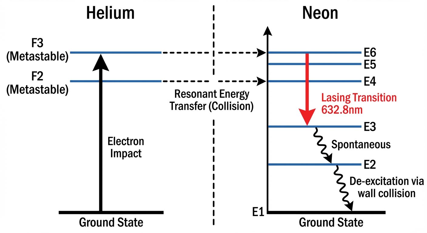 An energy level diagram for the He-Ne Laser. The diagram should be split into two sides: Left side l...