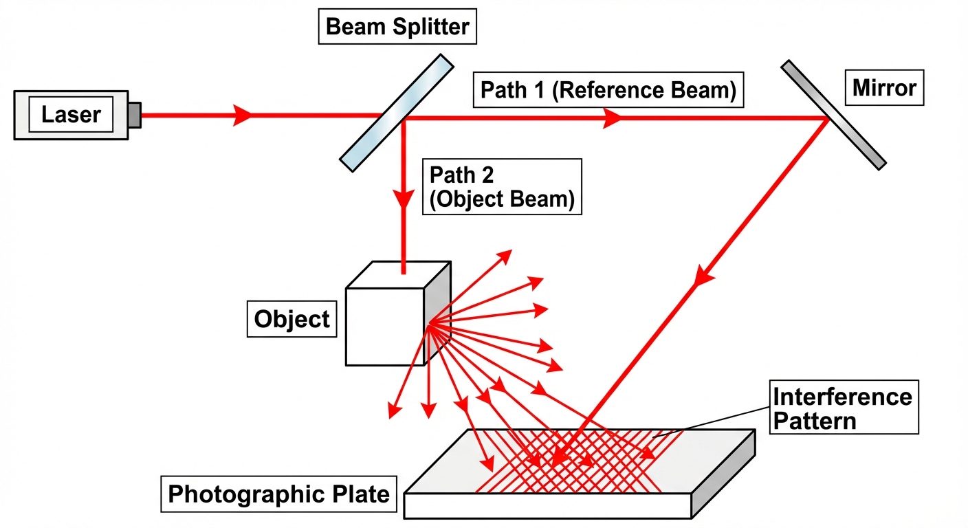 A schematic diagram of the Holography Recording process.
Components: A Laser source on the left emit...