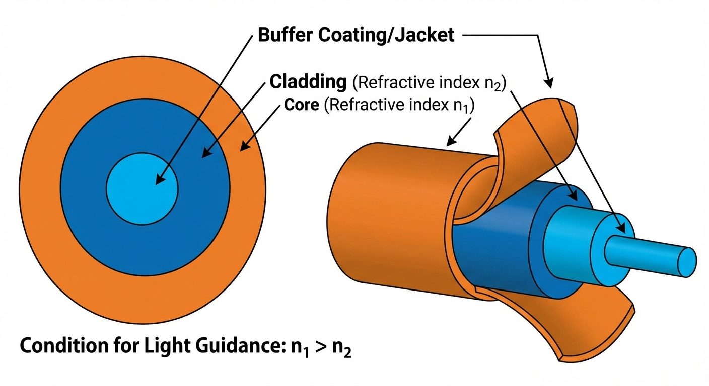A detailed cross-sectional and longitudinal diagram of an optical fiber structure. The image should ...