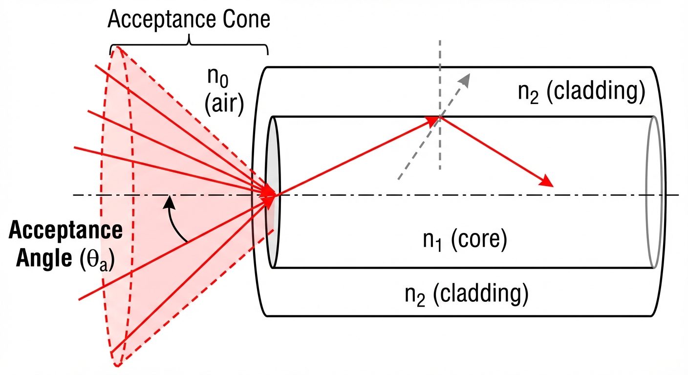 A detailed ray optics diagram illustrating Acceptance Angle and Numerical Aperture. The diagram show...