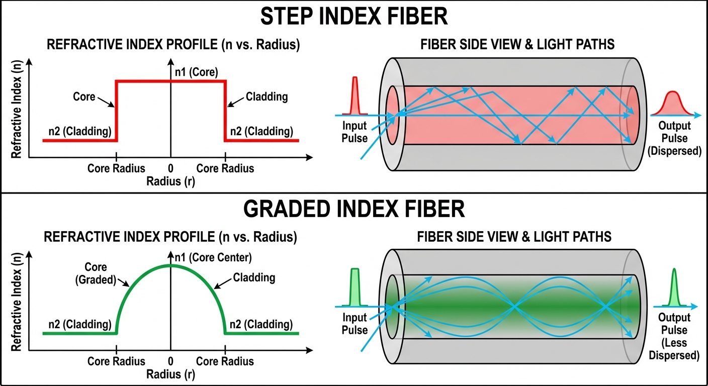 A comparison diagram showing Step Index Fiber vs. Graded Index Fiber. The image is divided into two ...