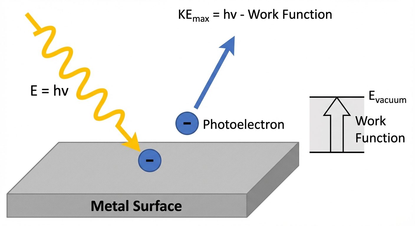 A detailed diagram explaining the Photoelectric Effect. The image should show a metal surface slab a...