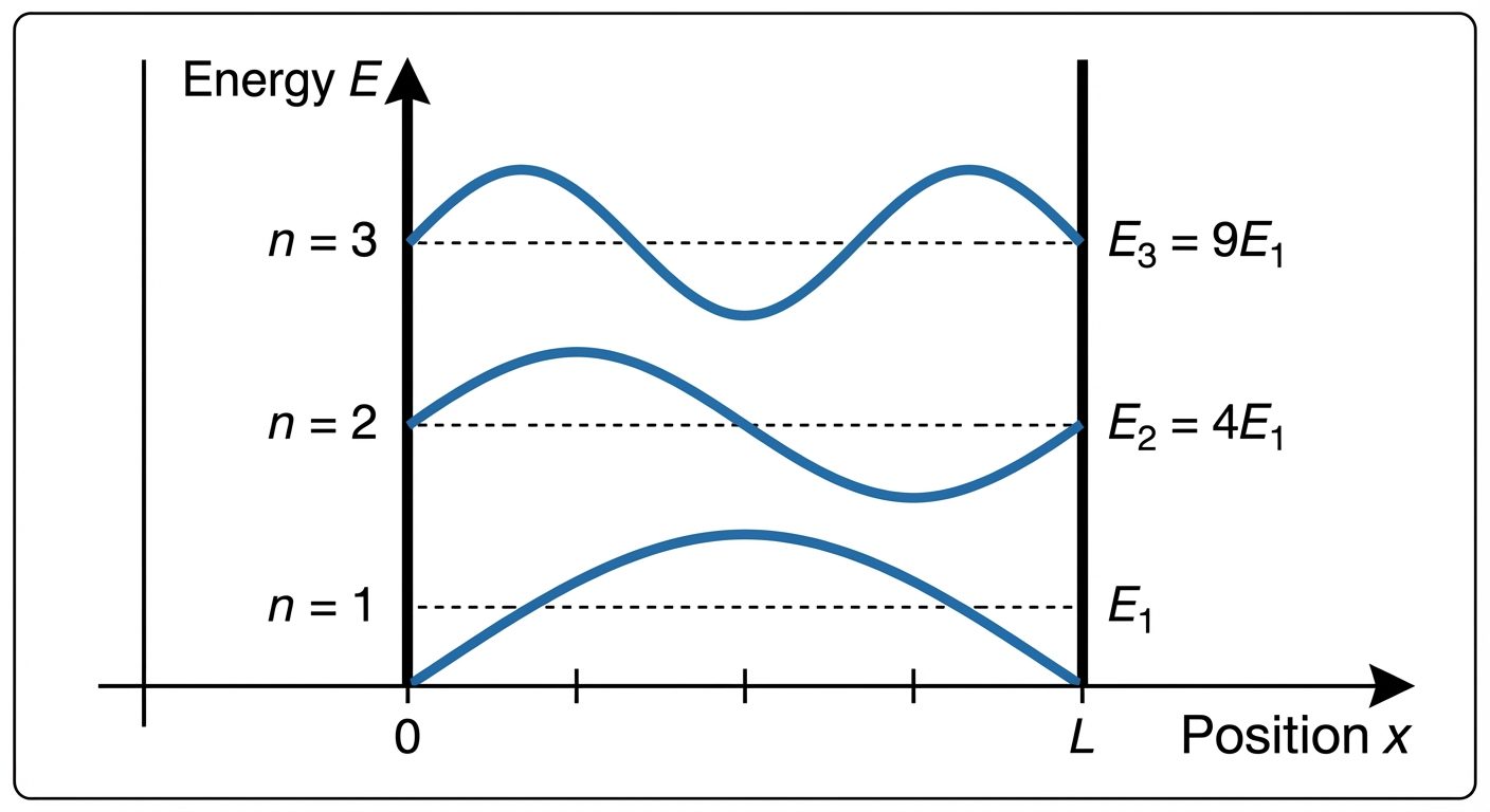 Diagram of a Particle in a 1D Box showing energy levels and wave functions. A vertical U-shaped pote...