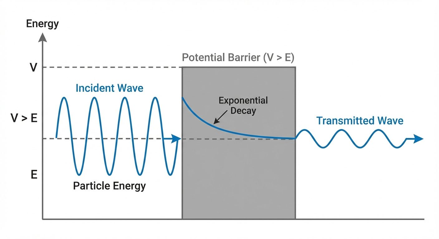 A schematic diagram illustrating the Quantum Tunneling Effect. From left to right: An incoming sinus...