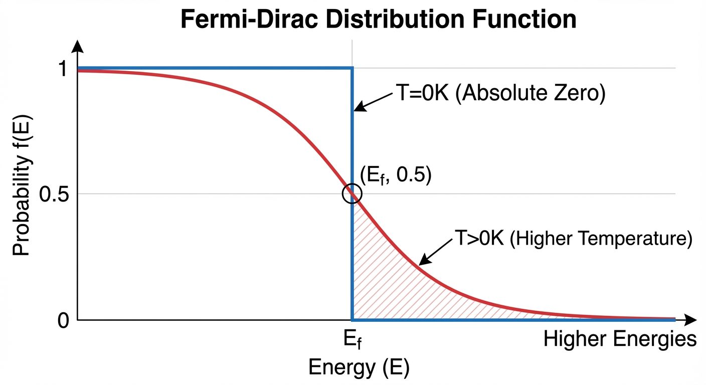 A plot comparing the Fermi-Dirac distribution function at T=0K and T>0K. The X-axis represents Energ...