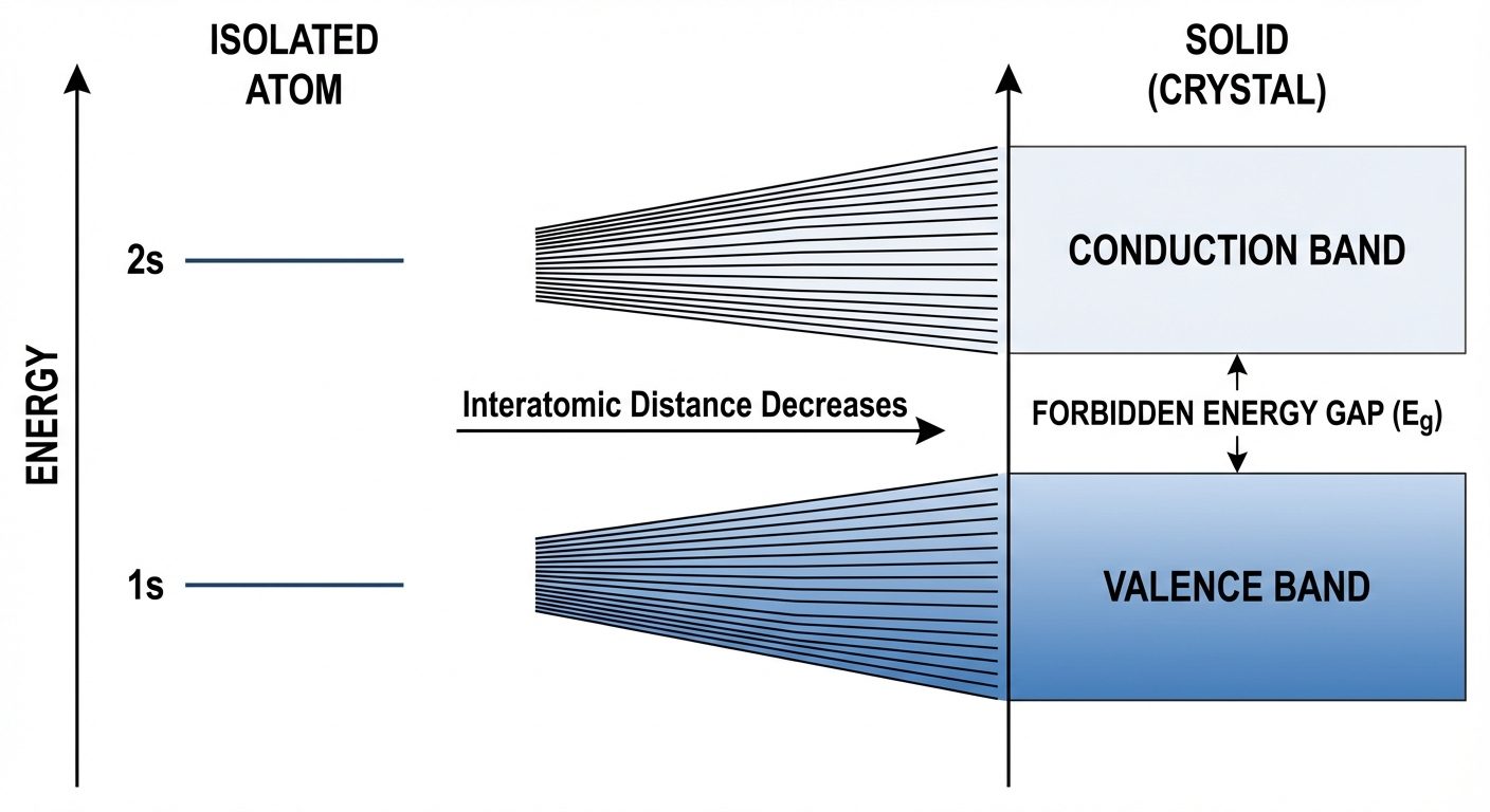 A diagram illustrating the formation of energy bands from atomic orbitals. On the left side, show di...