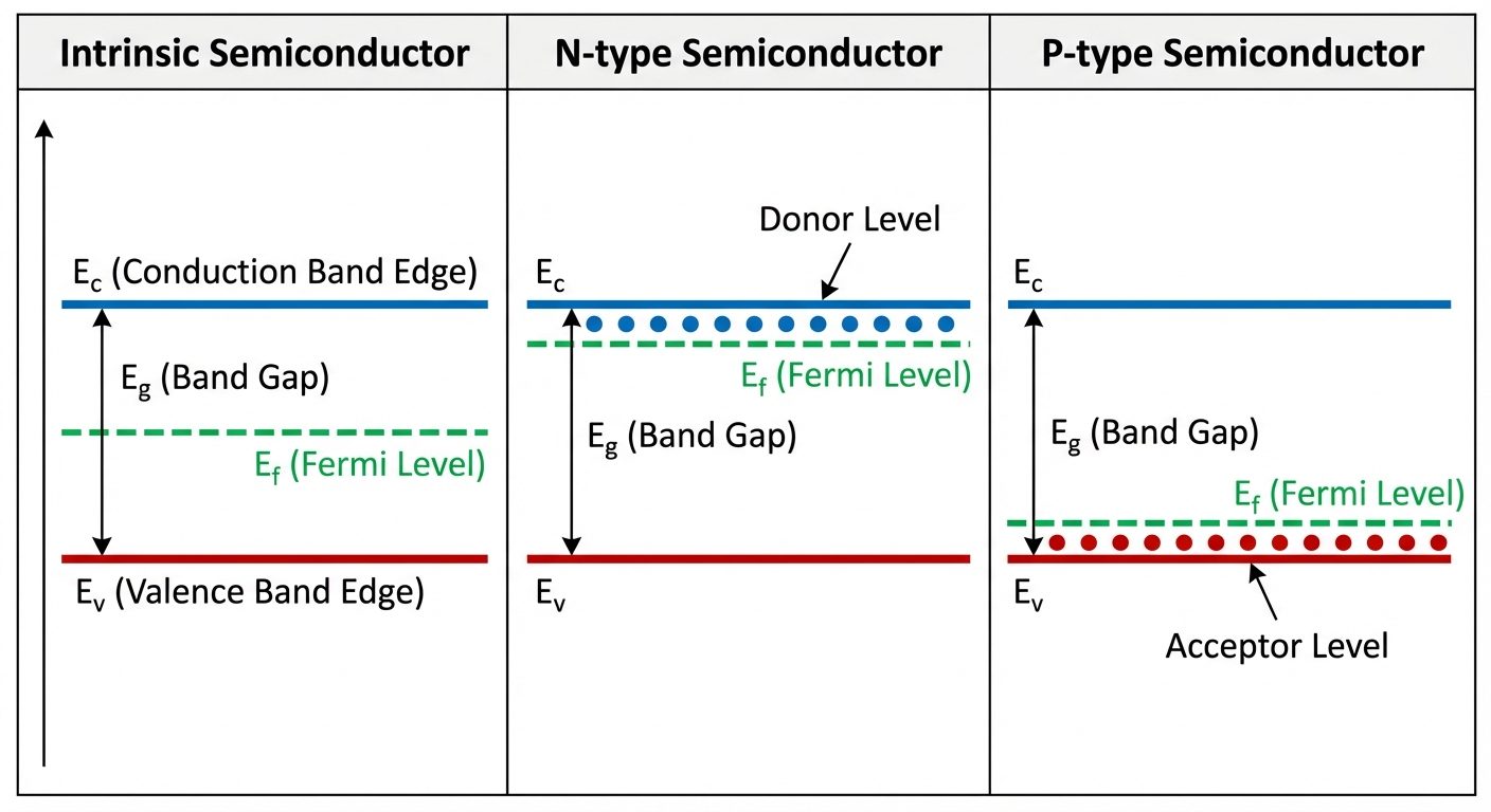 A comparative energy band diagram showing Fermi levels for three cases: Intrinsic, N-type, and P-typ...