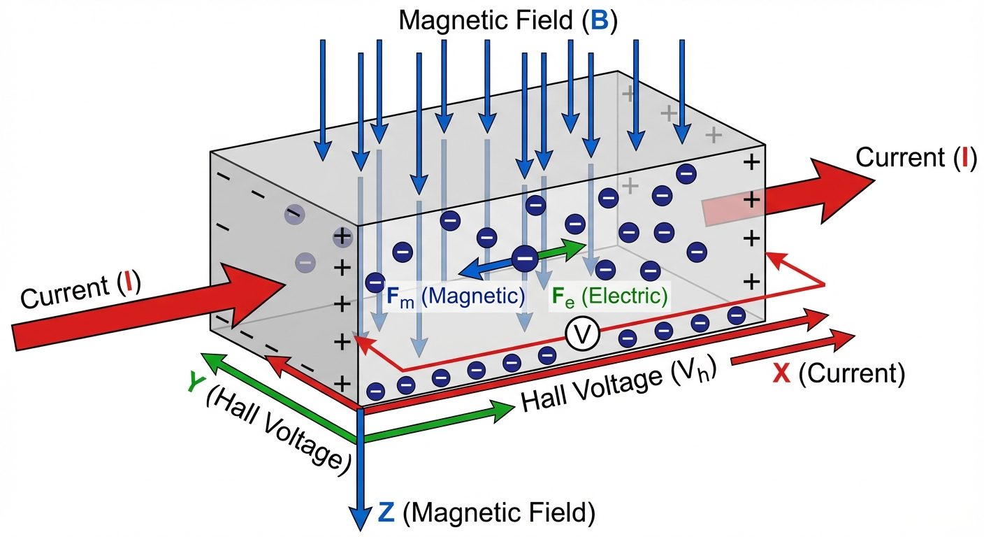 A 3D perspective diagram of the Hall Effect. Show a rectangular slab of semiconductor material. Draw...